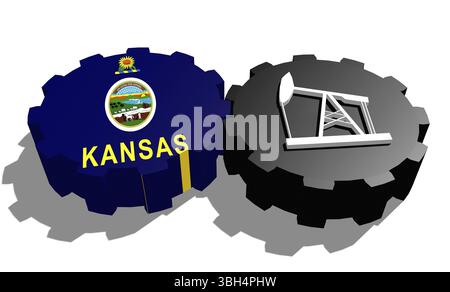 Zahnrad mit Ölpumpe, texturiert von der Flagge von Kansas. Konzept der Schwerindustrie und Bergbauindustrie. 3D-Rendering Stockfoto