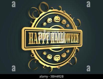 Geschnitzter Stempel mit Happy Halloween Text und Kürbissymbolen. 3D-Rendering. Metallisches Material. Goldenes Siegel Stockfoto