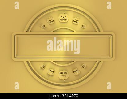 Geschnitzter Stempel mit Feld für Text und Kürbissymbole. 3D-Rendering. Metallisches Material. Goldenes Siegel Stockfoto