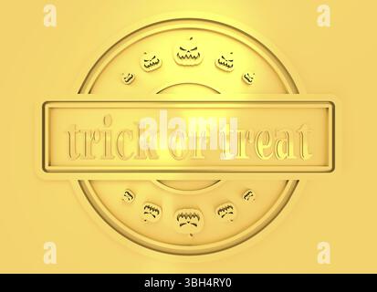 Geschnitzter Stempel mit Halloween-Text und Kürbissymbolen. 3D-Rendering. Metallisches Material. Goldenes Siegel Stockfoto