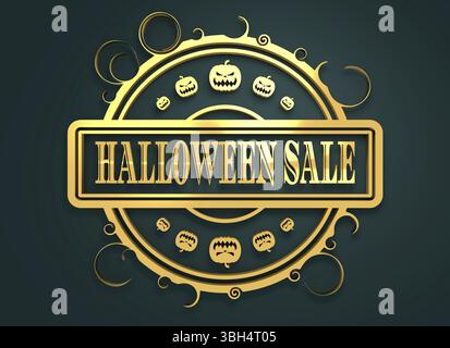 Geschnitzter Stempel mit Halloween-Verkaufstext und Kürbissymbolen. 3D-Rendering. Metallisches Material. Goldenes Siegel Stockfoto