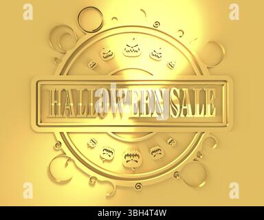 Geschnitzter Stempel mit Halloween-Verkaufstext und Kürbissymbolen. 3D-Rendering. Metallisches Material. Goldenes Siegel Stockfoto