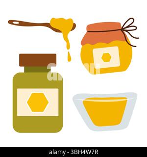 Imkereielemente Set. Löffel mit Honig und Gläsern. Stock Vektor