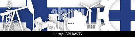Energie und Leistung Symbole gesetzt. Header Banner mit Finnland Flagge. Nachhaltige Energieerzeugung und Schwerindustrie. 3D-Rendering Stockfoto