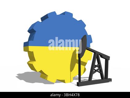 Zahnrad mit Ölpumpe, texturiert von ukrainischer Flagge. Konzept der Schwerindustrie und Bergbauindustrie. 3D-Rendering Stockfoto
