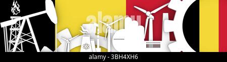 Energie und Leistung Symbole gesetzt. Header Banner mit Belgien Flagge. Nachhaltige Energieerzeugung und Schwerindustrie. 3D-Rendering Stockfoto