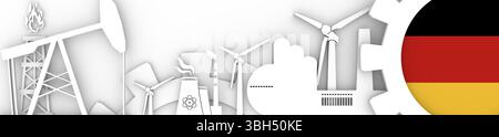Energie und Leistung Symbole gesetzt. Header Banner mit Deutschland Fahne. Nachhaltige Energieerzeugung und Schwerindustrie. 3D-Rendering Stockfoto