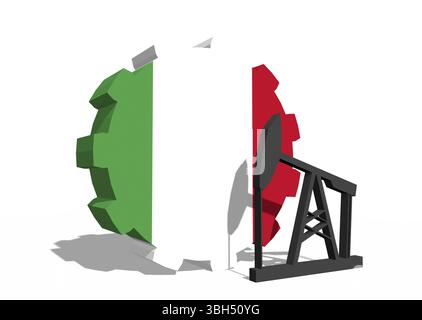 Zahnrad mit Ölpumpe mit italienischer Flagge. Konzept der Schwerindustrie und Bergbauindustrie. 3D-Rendering Stockfoto