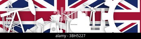 Energie und Leistung Symbole gesetzt. Header Banner mit Großbritannien Flagge. Nachhaltige Energieerzeugung und Schwerindustrie. 3D-Rendering Stockfoto