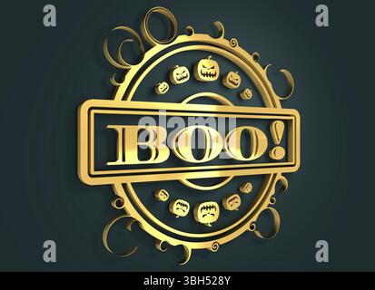 Geschnitzter Stempel mit Boo-Text und Kürbissymbolen. 3D-Rendering. Metallisches Material. Goldenes Siegel Stockfoto