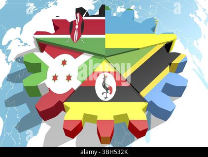 East African Community Vereinigung der fünf nationalen Volkswirtschaften Mitglieder Flaggen am Zahnrad Stockfoto
