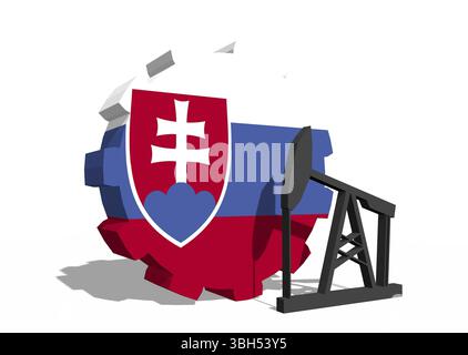 Zahnrad mit Ölpumpe mit slowakischer Flagge. Konzept der Schwerindustrie und Bergbauindustrie. 3D-Rendering Stockfoto