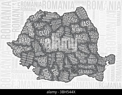 Rumänien Regionen Map Word Cloud. Namen der rumänischen Region. Schwarz-weiß-Kartendesign. Fantastische Vektor-Illustration. Stock Vektor