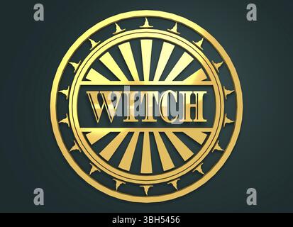 Stempel mit Hexentext und Hüten. Runddichtung. 3D-Rendering. Metallisches Material. Goldenes Siegel Stockfoto