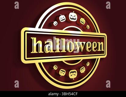 Geschnitzter Stempel mit Halloween-Text und Kürbissymbolen. 3D-Rendering. Metallisches Material. Goldenes Siegel Stockfoto