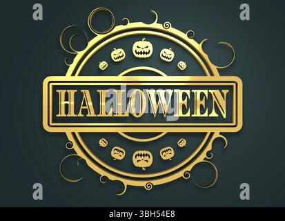 Geschnitzter Stempel mit Halloween-Text und Kürbissymbolen. 3D-Rendering. Metallisches Material. Goldenes Siegel Stockfoto
