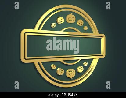 Geschnitzter Stempel mit Feld für Text und Kürbissymbole. 3D-Rendering. Metallisches Material. Goldenes Siegel Stockfoto