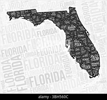 Florida Countys Karte Wortwolke. Namen der Region Florida. Schwarz-weiß-Kartendesign. Darstellung des Trendvektors. Stock Vektor