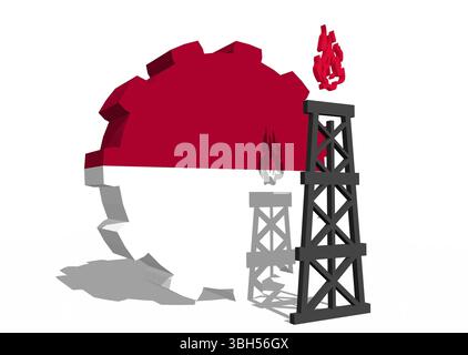 3D-Ausrüstung mit Gas Rig Simple Icon, texturiert von der indonesischen Flagge. Konzept der Schwerindustrie und Bergbauindustrie. 3D-Rendering Stockfoto