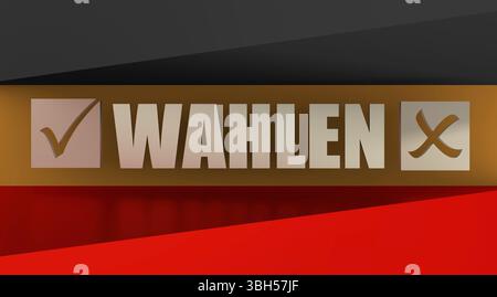 Wahlen-Text mit Häkchen im deutschland-Flaggenhintergrund. Bild relativ zu parlaments-, präsidenten- und anderen Wahlen in Deutschland. Deutsches Wort übersetzen Stockfoto