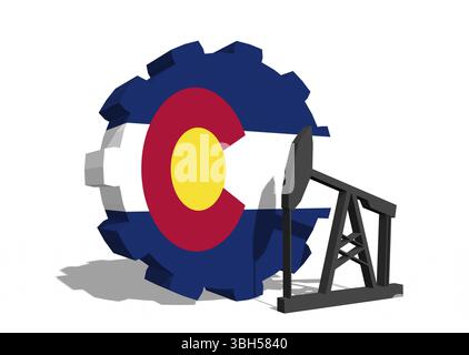 Zahnrad mit Ölpumpe, texturiert von der Flagge von Colorado. Konzept der Schwerindustrie und Bergbauindustrie. 3D-Rendering Stockfoto