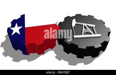 Zahnrad mit Ölpumpe, texturiert von der texanischen Flagge. Konzept der Schwerindustrie und Bergbauindustrie. 3D-Rendering Stockfoto