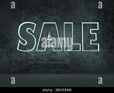 Verkaufsbotschaft auf Betonwand in leerem Raum. Neon-Glanzbuchstaben. 3D-Rendering Stockfoto