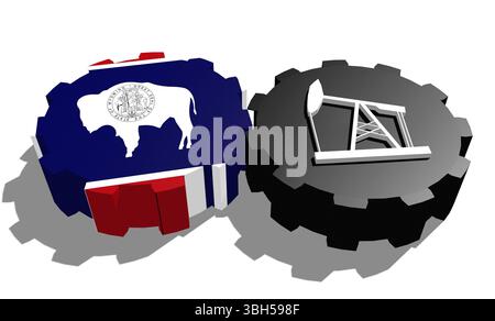 Zahnrad mit Ölpumpe mit Wyoming-Flagge. Konzept der Schwerindustrie und Bergbauindustrie. 3D-Rendering Stockfoto