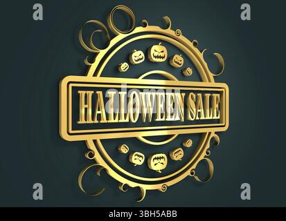 Geschnitzter Stempel mit Halloween-Verkaufstext und Kürbissymbolen. 3D-Rendering. Metallisches Material. Goldenes Siegel Stockfoto