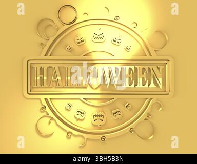 Geschnitzter Stempel mit Halloween-Text und Kürbissymbolen. 3D-Rendering. Metallisches Material. Goldenes Siegel Stockfoto