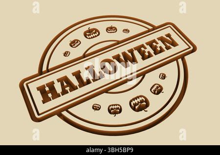 Geschnitzter Stempel mit Halloween-Text und Kürbissymbolen. 3D-Rendering Stockfoto