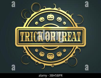 Geschnitzter Stempel mit Halloween-Text und Kürbissymbolen. 3D-Rendering. Metallisches Material. Goldenes Siegel Stockfoto