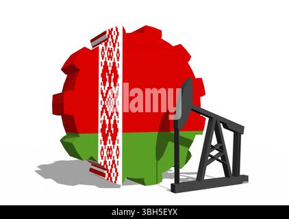 Zahnrad mit Ölpumpe, texturiert von der Flagge von Belarus. Konzept der Schwerindustrie und Bergbauindustrie. 3D-Rendering Stockfoto