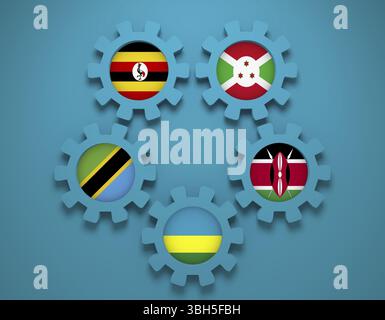 East African Community, EAC Vereinigung der fünf nationalen Volkswirtschaften Mitglieder Fahnen auf dem Zahnrad. Globales Teamwork. Blauen Hintergrund. 3D-Rendering Stockfoto