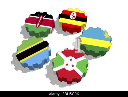 Ostafrikanische Gemeinschaft, EAC-Vereinigung von fünf nationalen Wirtschaftsbeteiligten Flaggen auf Fanggeräten Stockfoto