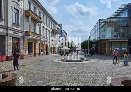 Stadtstraße mit einem Brunnen in der Mitte. Es gibt mehrere Leute, die in der Gegend herumlaufen. Eine Statue ist ebenfalls in der Szene zu sehen. Plock 03.05.2025 P Stockfoto