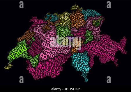 Schweiz Word Cloud. Ländernamen des Landes in deutscher Sprache. Helles Neondesign auf dunklem Hintergrund. Stock Vektor