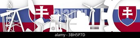 Energie- und Stromsymbole eingestellt. Titelbanner mit slowakischer Flagge. Nachhaltige Energieerzeugung und Schwerindustrie.3D-Rendering Stockfoto