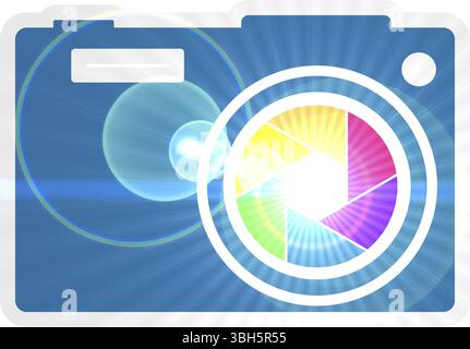 Symbol für Fotokamera. Konturierte Silhouette mit Objektivblende in Regenbogenfarben Stockfoto