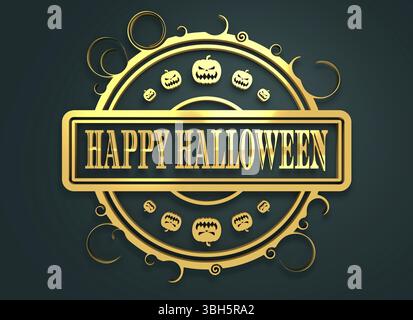 Geschnitzter Stempel mit Happy Halloween Text und Kürbissymbolen. 3D-Rendering. Metallisches Material. Goldenes Siegel Stockfoto