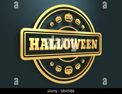 Geschnitzter Stempel mit Halloween-Text und Kürbissymbolen. 3D-Rendering. Metallisches Material. Goldenes Siegel Stockfoto
