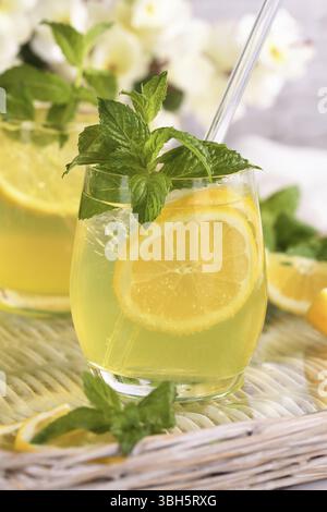 Der Limoncello Spritz ist ein leichter, erfrischender, kühler Cocktail mit Zitronenlikör, Prosecco und Mineralwasser, Minze und einer Scheibe Zitrone Stockfoto