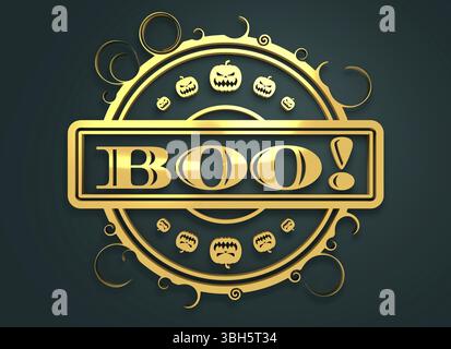Geschnitzter Stempel mit Boo-Text und Kürbissymbolen. 3D-Rendering. Metallisches Material. Goldenes Siegel Stockfoto