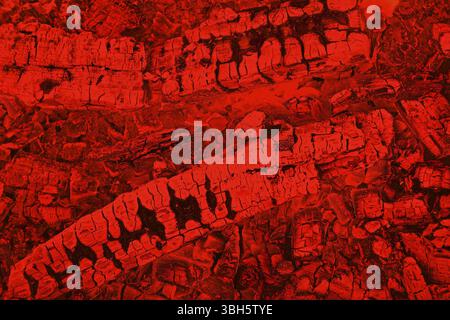 Brennholz Hintergrund mit Glimmenden Holzkohle Glut in roter Farbe, Ansicht von oben Stockfoto