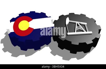 Zahnrad mit Ölpumpe, texturiert von der Flagge von Colorado. Konzept der Schwerindustrie und Bergbauindustrie. 3D-Rendering Stockfoto