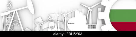 Energie und Leistung Symbole gesetzt. Header Banner mit Bulgarien Flagge. Nachhaltige Energieerzeugung und Schwerindustrie. 3D-Rendering Stockfoto