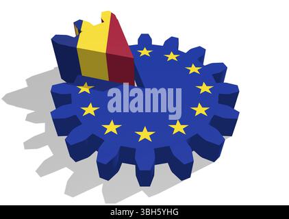 Flagge der Europäischen union auf dem Zahnrad und Rumänien als Teil des Zahnrads. 3D-Rendering Stockfoto