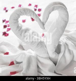 Handtuchschwäne auf dem Bett, mit roten Blütenblättern bestreut. Ideal für Veranstaltungen und Konzepte. Flitterwochen, Verlobung, Valentinstag. Liebe Stockfoto