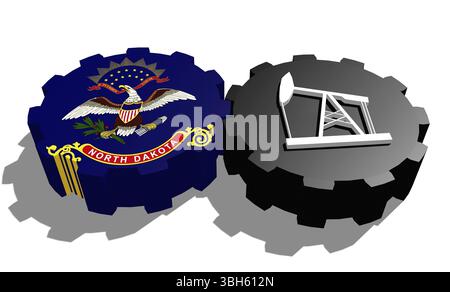 Zahnrad mit Ölpumpe, texturiert von der Flagge von North Dakota. Konzept der Schwerindustrie und Bergbauindustrie. 3D-Rendering Stockfoto