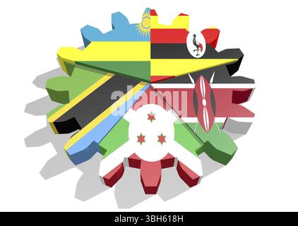 East African Community Vereinigung der fünf nationalen Volkswirtschaften Mitglieder Flaggen am Zahnrad Stockfoto
